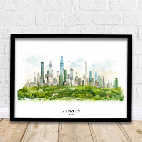 Shenzhen China Printmodern Cityscape Art Futuristic Skyline Chinese Metropolis Wall Decor Urban Landscape Illustration Asian City