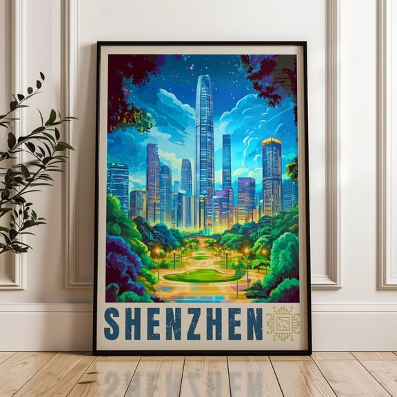 Shenzhen Cityscape Travel Print, Guangdong Wall Art Print, Stretched Canvas 16x20in