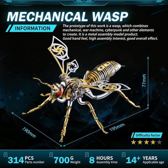 Shepatio 3D Puzzles for Adults, Metal Model Kit Wasp Mechanical Puzzle for Adults/Teens, Creative Craft Gifts Kits Difficult Assembled 3D Puzzle for Family Time, Home Decor (Gold)