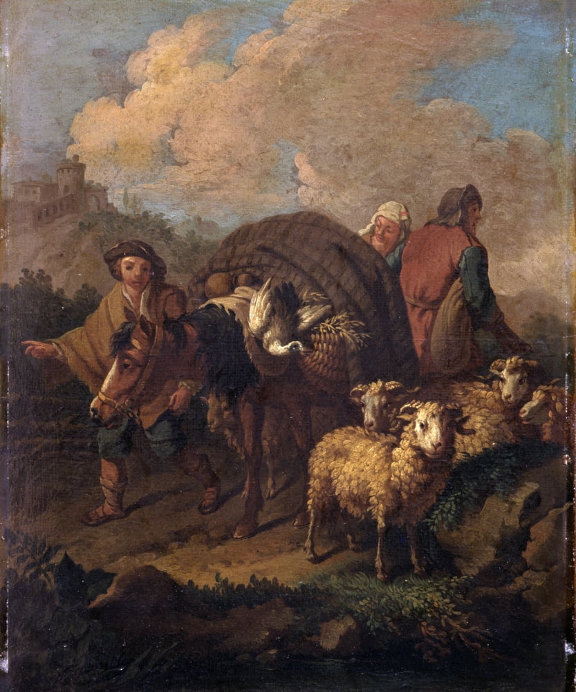 Sheperds Travelling With Donkey And Sheep Canvas Art - (18 x 24)
