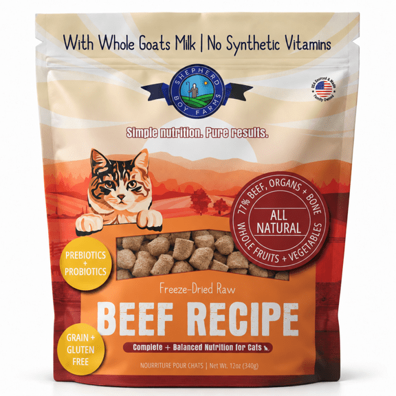 Shepherd Boy Farms Freeze-Dried Beef Cat Food – High-Protein, Grain-Free, Made with Organic Superfoods & Goat’s Milk (12oz)
