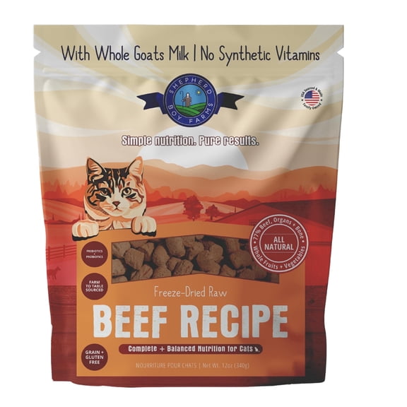Shepherd Boy Farms Freeze-Dried Beef Cat Food – High-Protein, Grain-Free, Made with Organic Superfoods & Goat’s Milk (12oz)