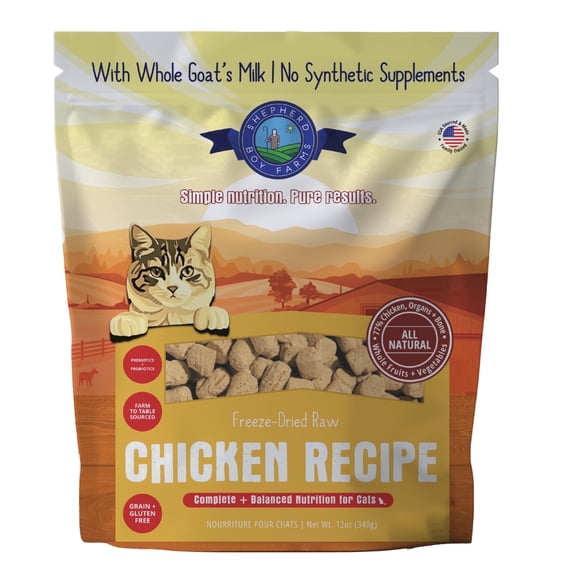 Shepherd Boy Farms Freeze-Dried Chicken Cat Food – High-Protein, Grain-Free, Made with Organic Fruits & Veggies & Goat’s Milk (12oz)