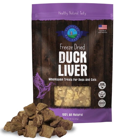Shepherd Boy Farms Freeze Dried Dog and Cat Treats, Duck Liver, All Natural Single Ingredient Freeze-Dried Dog Treat & Snacks, Made in USA, High Protein, Essential Nutrition of Raw Food, 3oz