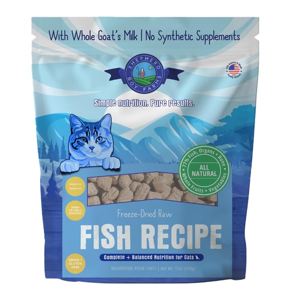 Shepherd Boy Farms Freeze-Dried Fish Cat Food High-Protein, Grain-Free, Made with Organic Produce & Goats Milk (12oz)