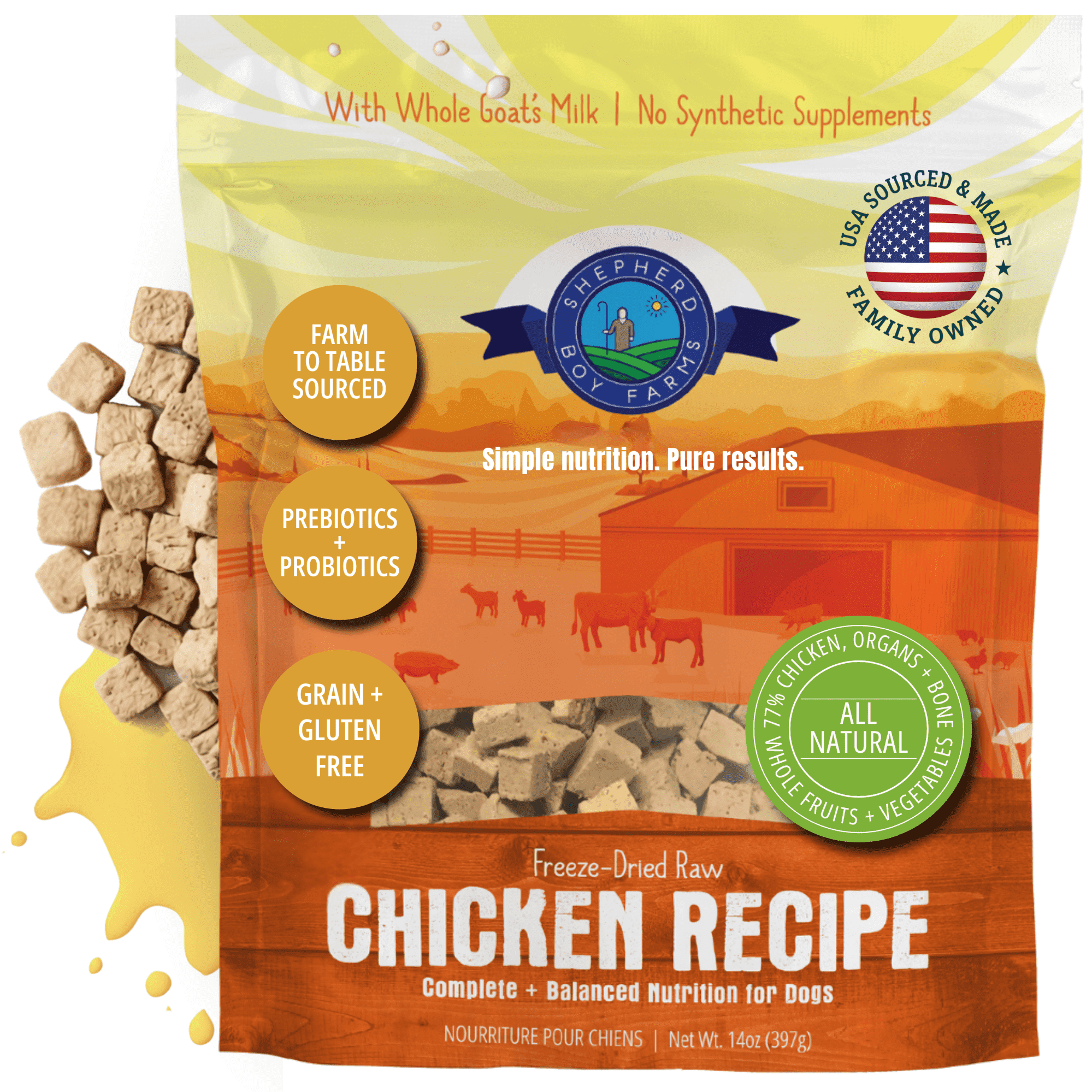 Shepherd Boy Farms Freeze Dried Raw Dog Food, Chicken Recipe, All Natural, No Synthetics, Made in USA with Goat's Milk & Organic Produce, High Protein, Complete Meal (14oz)