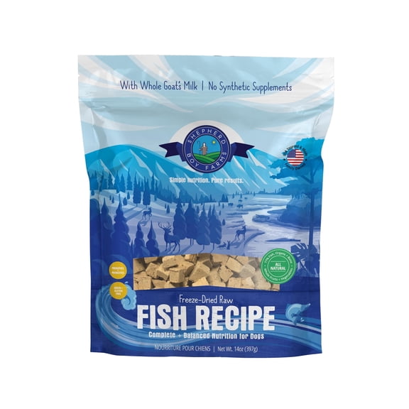 Shepherd Boy Farms Freeze Dried Raw Dog Food, Fish Medley Recipe, All Natural, No Synthetics, Made in USA with Goat's Milk & Organic Produce, High Protein, Complete Meal (14oz)