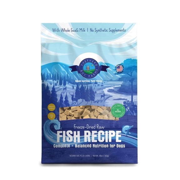 Shepherd Boy Farms Freeze Dried Raw Dog Food, Fish Medley Recipe, All Natural, No Synthetics, Made in USA with Goat's Milk & Organic Produce, High Protein, Complete Meal (48oz)
