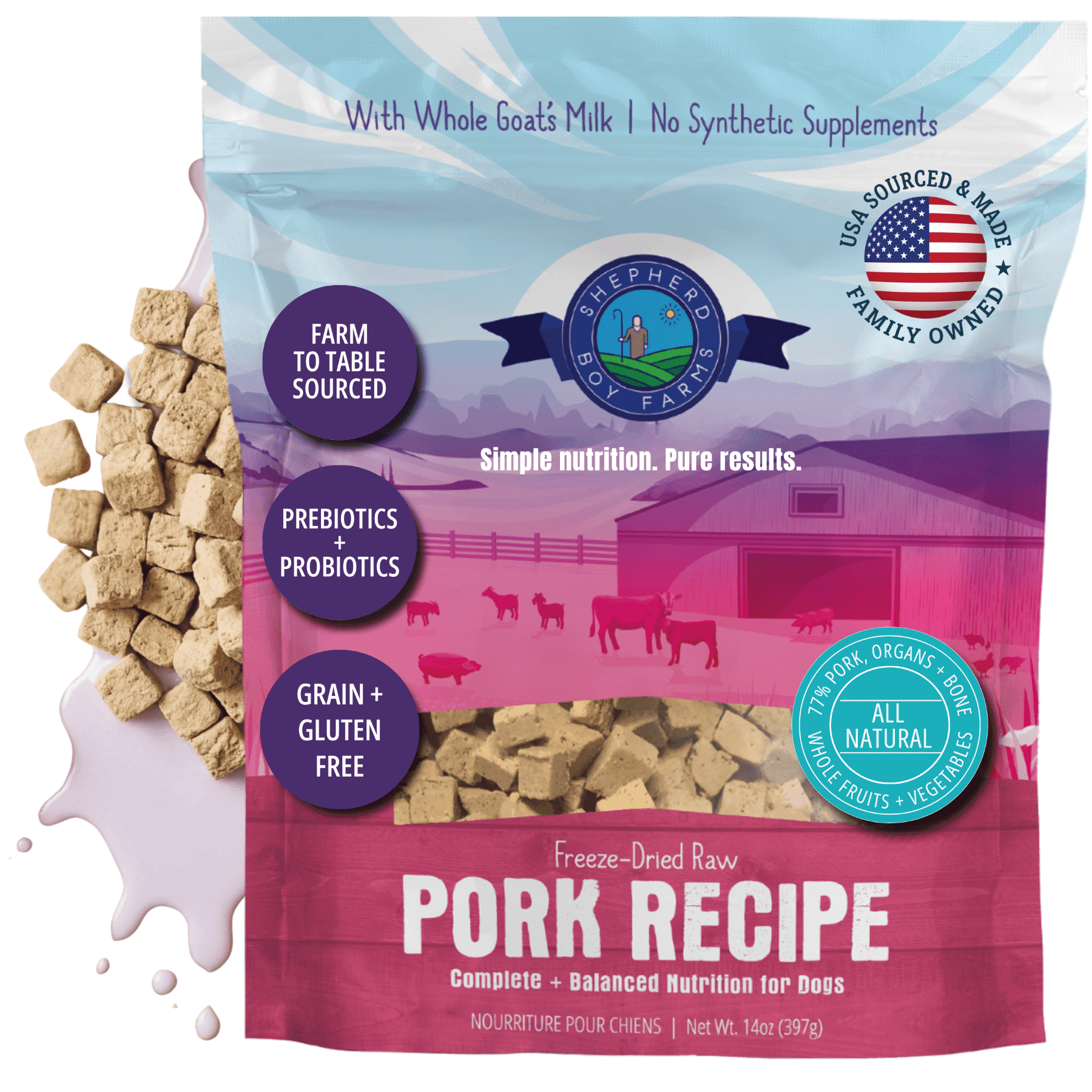 Shepherd Boy Farms Freeze Dried Raw Dog Food, Pork Recipe, All Natural, No Synthetics, Made in USA with Goat's Milk & Organic Produce, High Protein, Complete Meal (14oz)