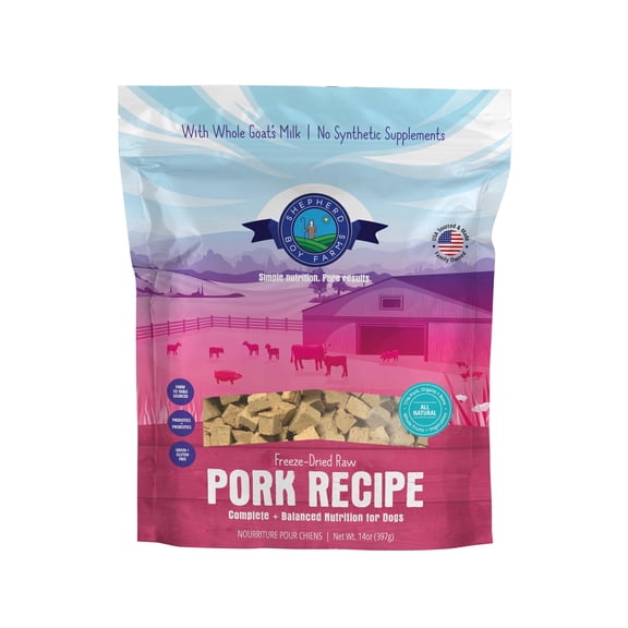 Shepherd Boy Farms Freeze Dried Raw Dog Food, Pork Recipe, All Natural, No Synthetics, Made in USA with Goat's Milk & Organic Produce, High Protein, Complete Meal (14oz)