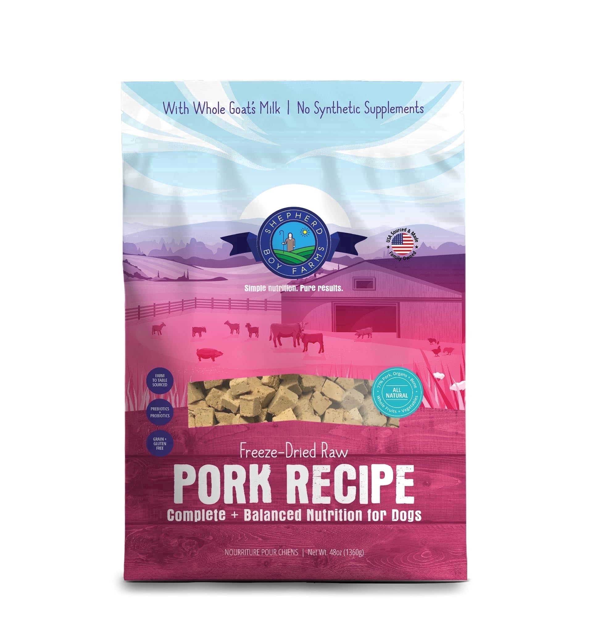 Shepherd Boy Farms Freeze Dried Raw Dog Food, Pork Recipe, All Natural, No Synthetics, Made in USA with Goat's Milk & Organic Produce, High Protein, Complete Meal (48oz)