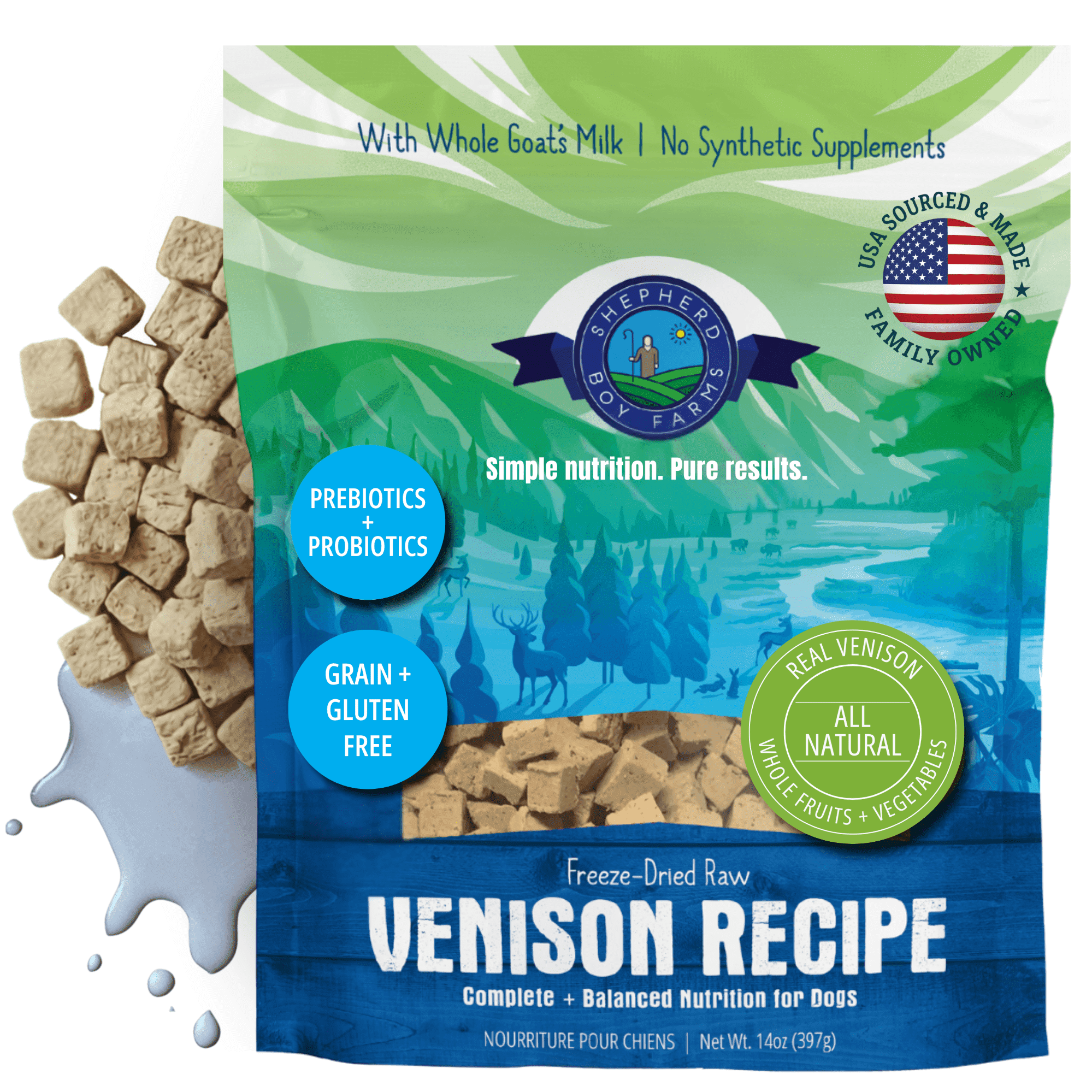 Shepherd Boy Farms Freeze Dried Raw Dog Food, Venison Recipe, All Natural, No Synthetics, Made in USA with Goat's Milk & Organic Produce, High Protein, Complete Meal (14oz)