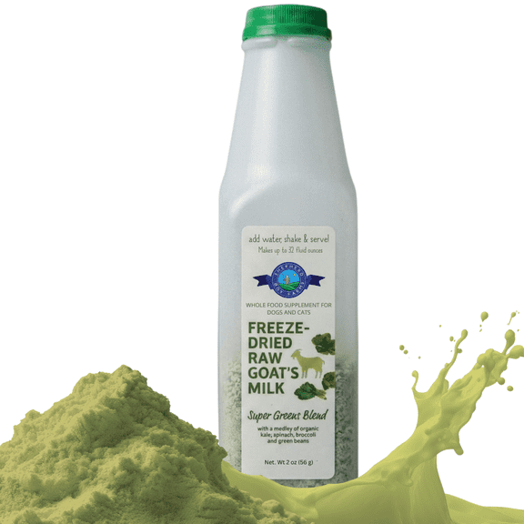 Shepherd Boy Farms Freeze Dried Raw Goats Milk with Probiotics for Dogs & Cats (Super Greens), Organic USA Veggies & Fruits, High Protein, Digestible Goat Milk Powder, Food Toppers - Makes 32 FL OZ