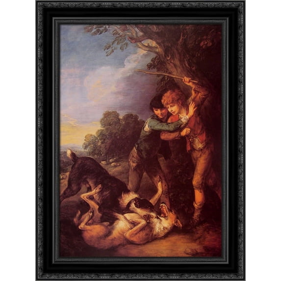 Shepherd Boys with Dogs Fighting 19x24 Black Ornate Wood Framed Canvas Art by Gainsborough, Thomas