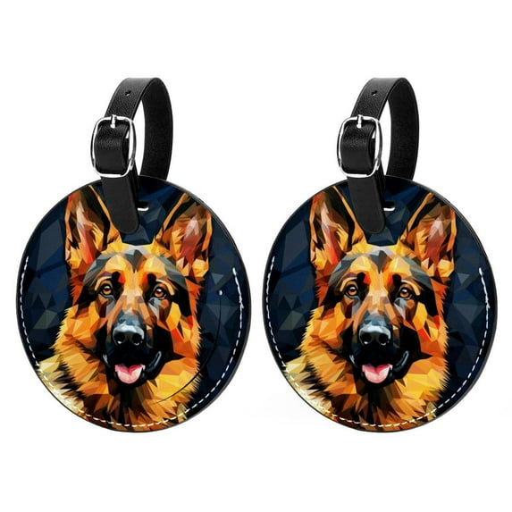 Shepherd Dog 2Pcs PU Leather Round Luggage Tags with Privacy Cover and Name ID Tag for Suitcase, Handbags, Backpacks, School Bags