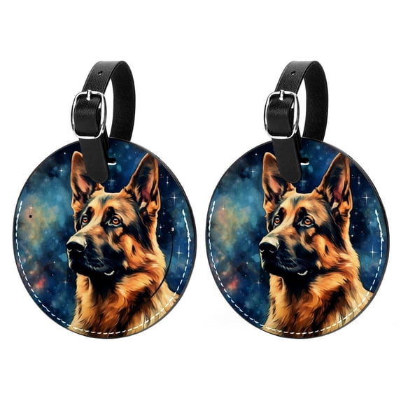 Shepherd Dog 2pcs PU Leather Round Bag Tags with Privacy Cover and Name ID Tag - Suitcase Tags for Travel Luggage, Handbags, Backpacks, School Bags
