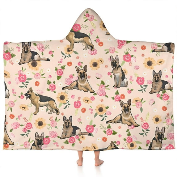 Shepherd Dog and Flower Floral Hooded Bath Towel,60"x35" for Ages 3 To 12 Kids, Quick Dry Lightweight Soft Microfiber Hood Beach Towel Cover Up for Kids