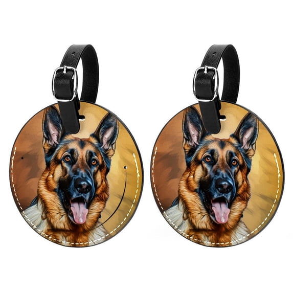 Shepherd Dog Set of 2pcs PU Leather Round Suitcase Tags with Privacy Cover and Name ID Tag - Ideal for Travel Luggage, Handbags, Backpacks, School Bags