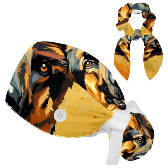 Shepherd Dog Working Cap with Buttons，Adjustable Surgical Scrub Cap with Bow Hair Scrunchy for Woman