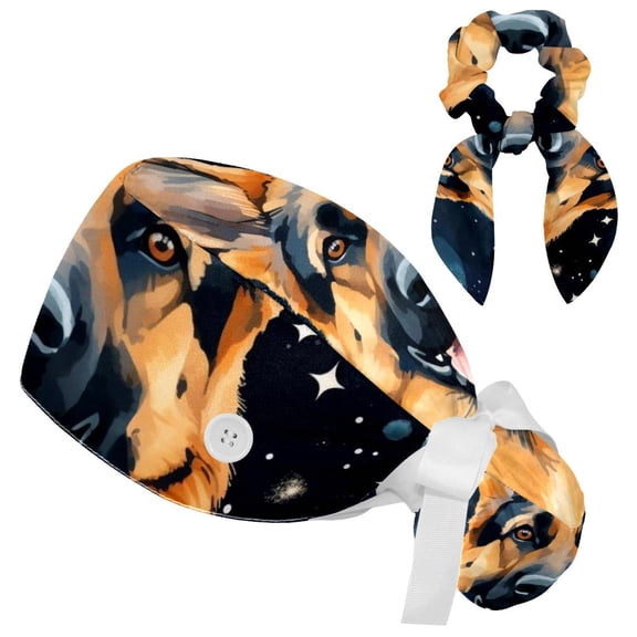 Shepherd Dog Working Hat Adjustable Scrub Cap with Bow Hair Matching Scrunchy and Bow Hair Matching Scrunchy for Nurse and Doctor