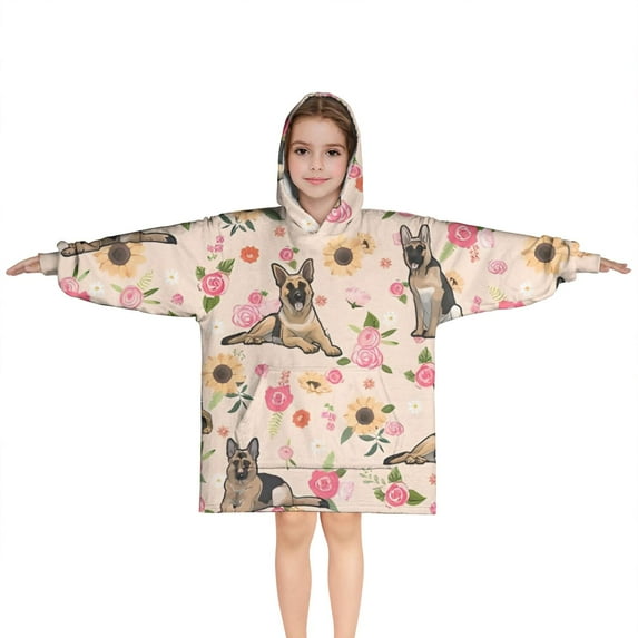 Shepherd Dog and Flower Floral Blanket Hoodies for Kids 6-13YR Oversize Wearable Blanket Hoodies for Boys Girls Teens