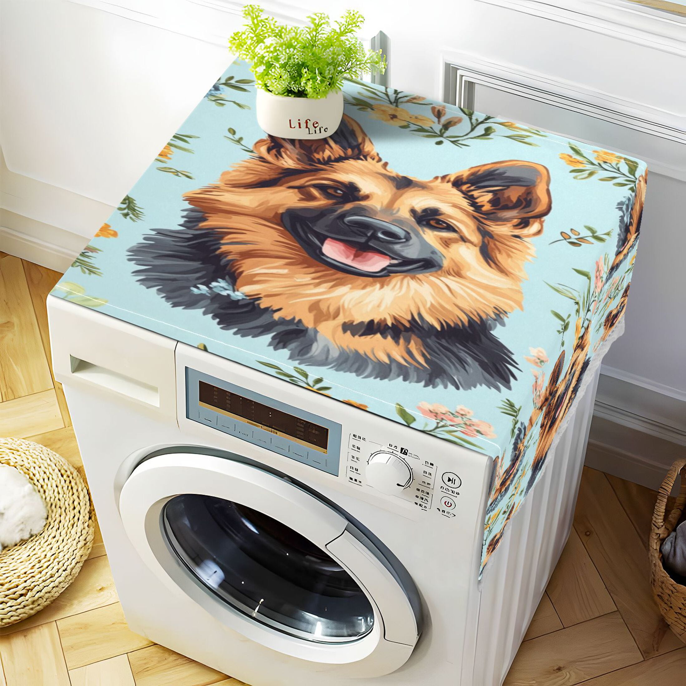 Shepherd DogWasher and Dryer Covers Dust-Proof and Oil Resistant Fridge Cover with 4 Storage Pockets Washing Machine Top Cover for Laundry Kitchen Home 51.2 x 22 In