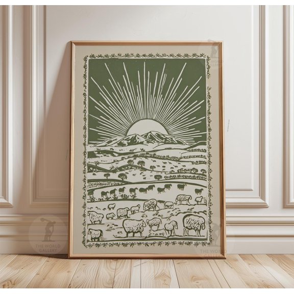 Shepherd Flock Poster Rustic Farm Landscape Sunburst Mountain Decor, Unframed Poster