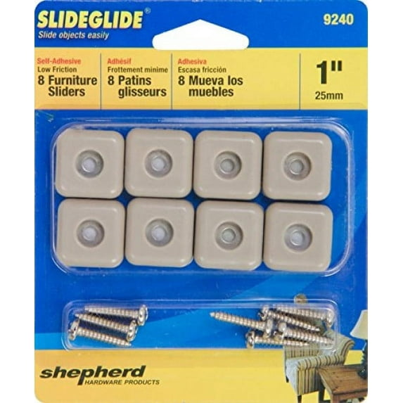 Shepherd Hardware 1-Inch Square Adhesive, Slide Glide Furniture Sliders, - 2 Packs Of 8 Count = 16 Count