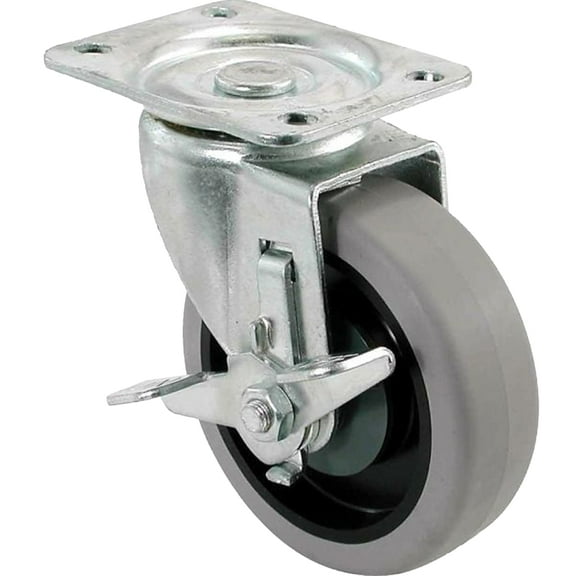 Tru-Guard Swivel Plate Caster with Brake - Thermoplastic Rubber, 4 In., Gray