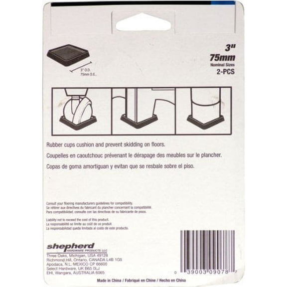 Shepherd Hardware Caster Cup Square Rubber Furniture Gripper - 4 Pack, 3"x3", Brown
