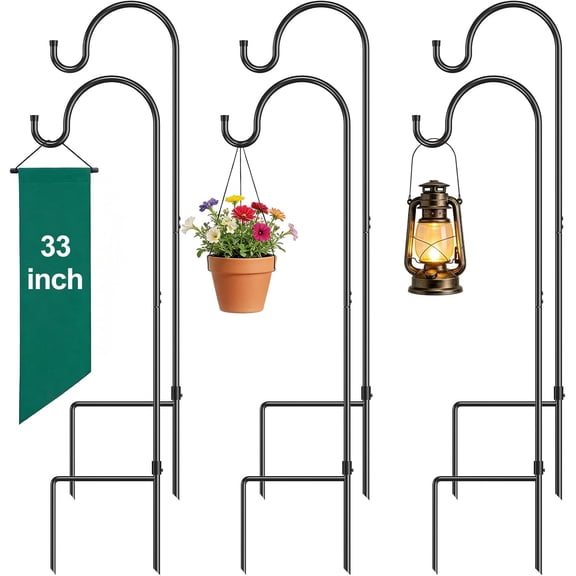 Shepherd Hook 6 Pack Black, 33 inches Tall, Made of Premium Metal for Garden Decor, Plant Hanger, Lantern Hook, Solar Light Hanging, 7011-3