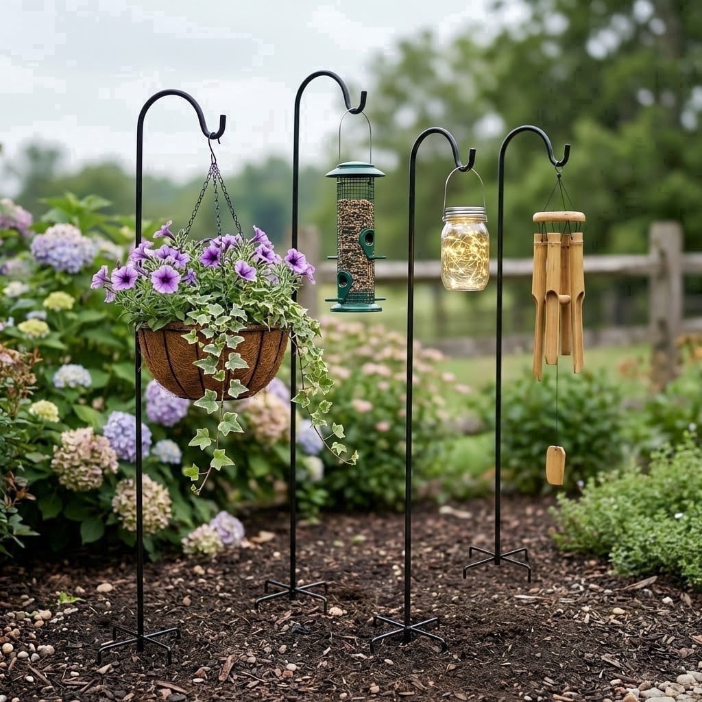 Shepherd Hooks 4 Pack - 63 Inches High 1/2 Inch Thick Adjustable Rust Resistant Shepards Hooks for Outdoor Solar Lights, Lanterns, Flower Basket, Bird Feeder.