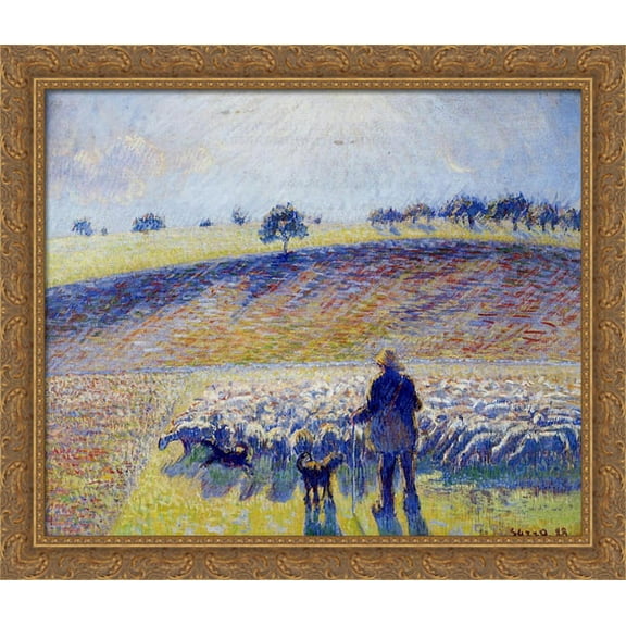 Shepherd and Sheep 34x28 Large Gold Ornate Wood Framed Canvas Art by Camille Pissarro