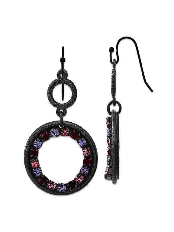 Shepherd hook Black Plated Lt and Dk Pink and Purple Crystal Circle Drop Earrings 48x25mm Wide Dangle Earring for Women