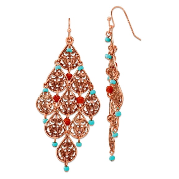 Shepherd hook Copper-tone Aqua and Brown Beads Filigree Dangle Chandelier Earrings 76x38mm Wide Dangle Earring for Women
