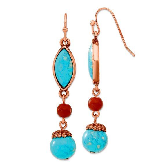Shepherd hook Copper-tone Aqua and Brown Beads Long Drop Dangle Earrings 56x10mm Wide Dangle Earring for Women