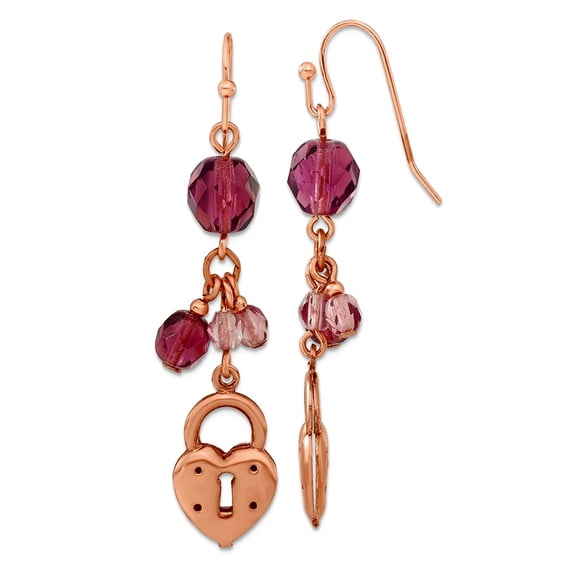Shepherd hook Copper-tone Love Heart and Lock with Purple Crystals Earrings 55x12mm Wide Stud Earring for Women