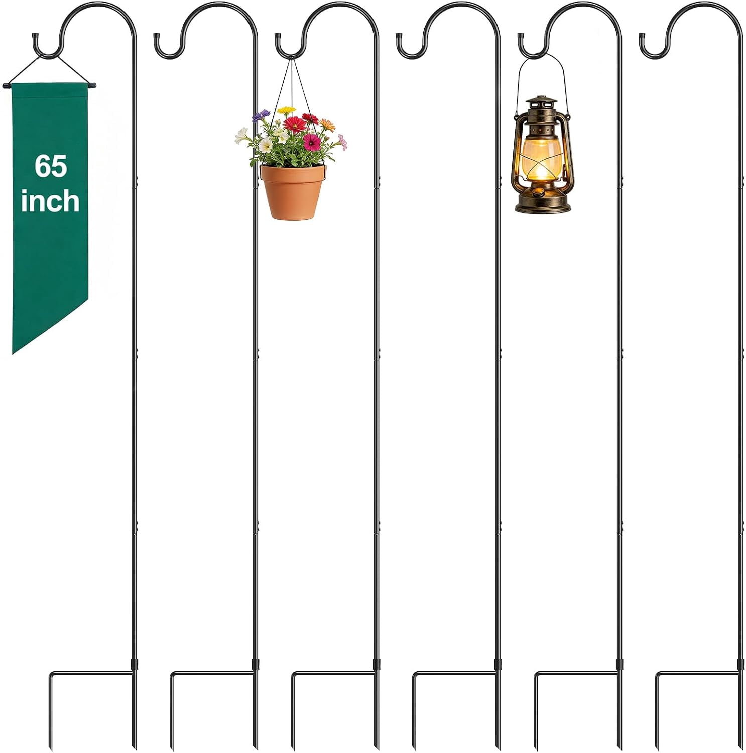 Shepherd’s Hooks 6 Pack Black, 65 inches Tall, Adjustable Garden Hook for Outdoor, Hanging Plant, Solar Lights, Lanterns, Bird Feeders, Garden Stake and Wedding Decor, 7015-3