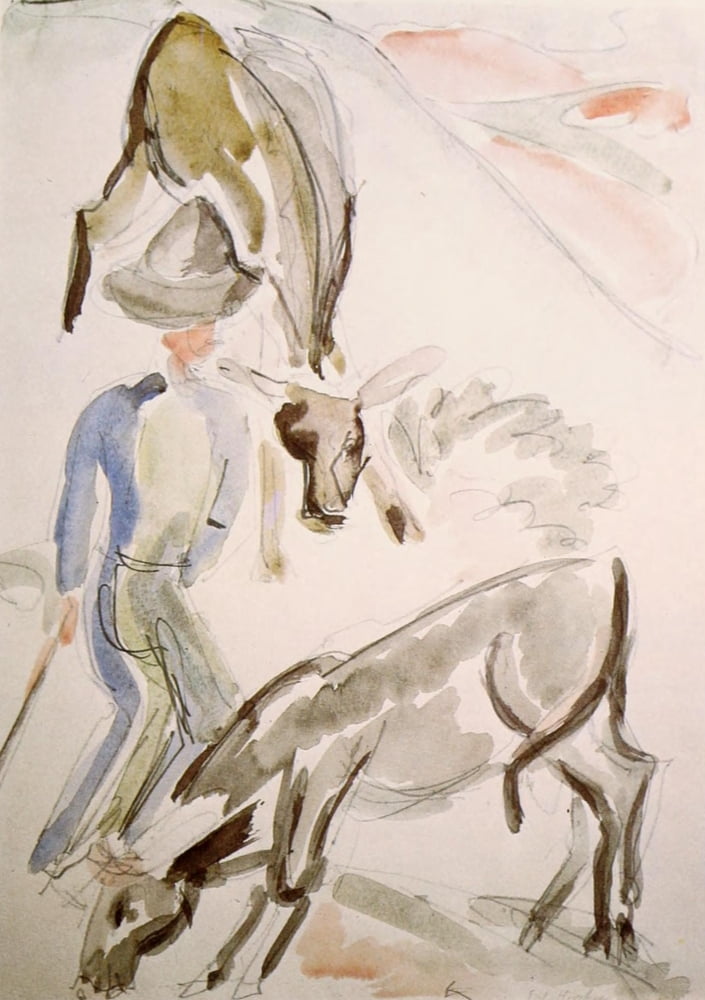Shepherd with two calves c1920 Canvas Art - Ernst Ludwig Kirchner (18 x 24)