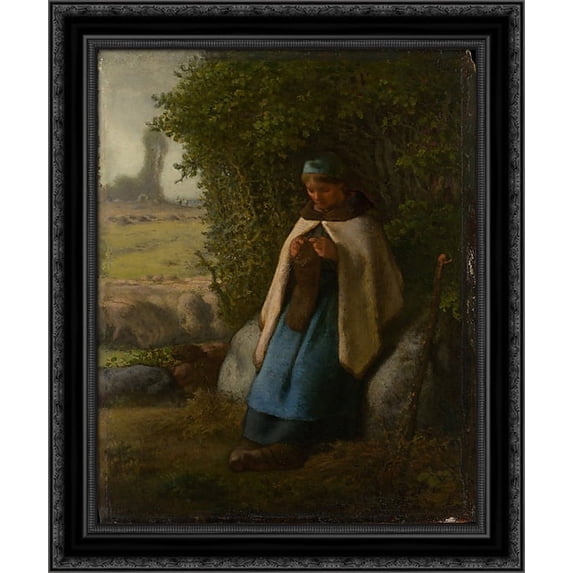 Shepherdess Seated on a Rock 20x24 Black Ornate Wood Framed Canvas Art by Millet, Jean Francois