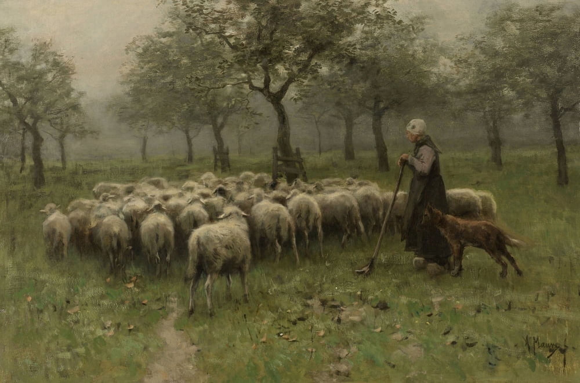 Shepherdess With A Flock Of Sheep Canvas Art - (24 x 18)