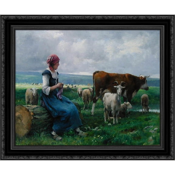 Shepherdess with Goat, Sheep and Cow 24x20 Black Ornate Wood Framed Canvas Art by Dupre, Julien