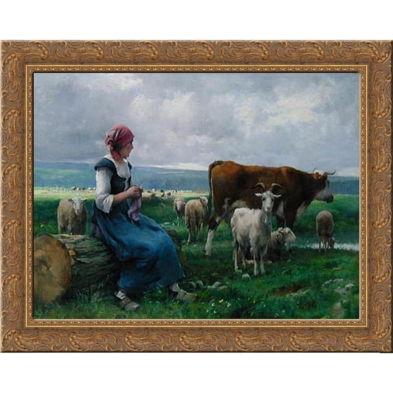 Shepherdess with Goat, Sheep and Cow 24x20 Gold Ornate Wood Framed Canvas Art by Dupre, Julien