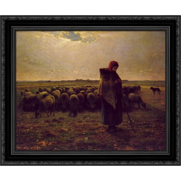 Shepherdess with her flock 23x20 Black Ornate Wood Framed Canvas Art by Millet, Jean Francois