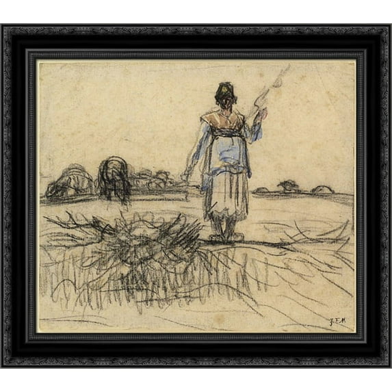 Shepherdess with the distaff in Auvergne 20x20 Black Ornate Wood Framed Canvas Art by Millet, Jean Francois