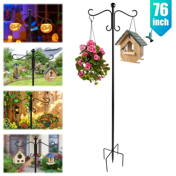 Shepherds Hook for Outdoor, 76 Inch Adjustable Heavy Duty 4-Hook Bird Feeder Pole with 5-Prong Anti-Slip Base, for Bird Feeders Lanterns, Weather Resistant