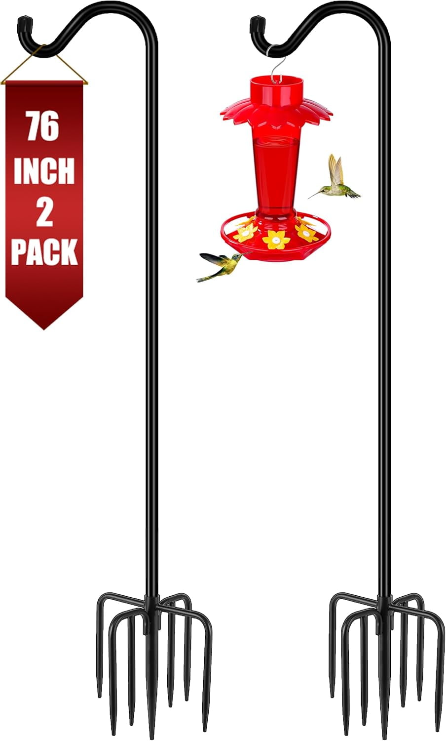 Shepherds Hook for Outdoor, 76 Inch Bird Feeder Pole with 7 Prongs Base, 3/4 Inch Thick Heavy Duty Adjustable Garden Hook for Hanging Plant, Hummingbird Feeder, Lantern, 2 Pack