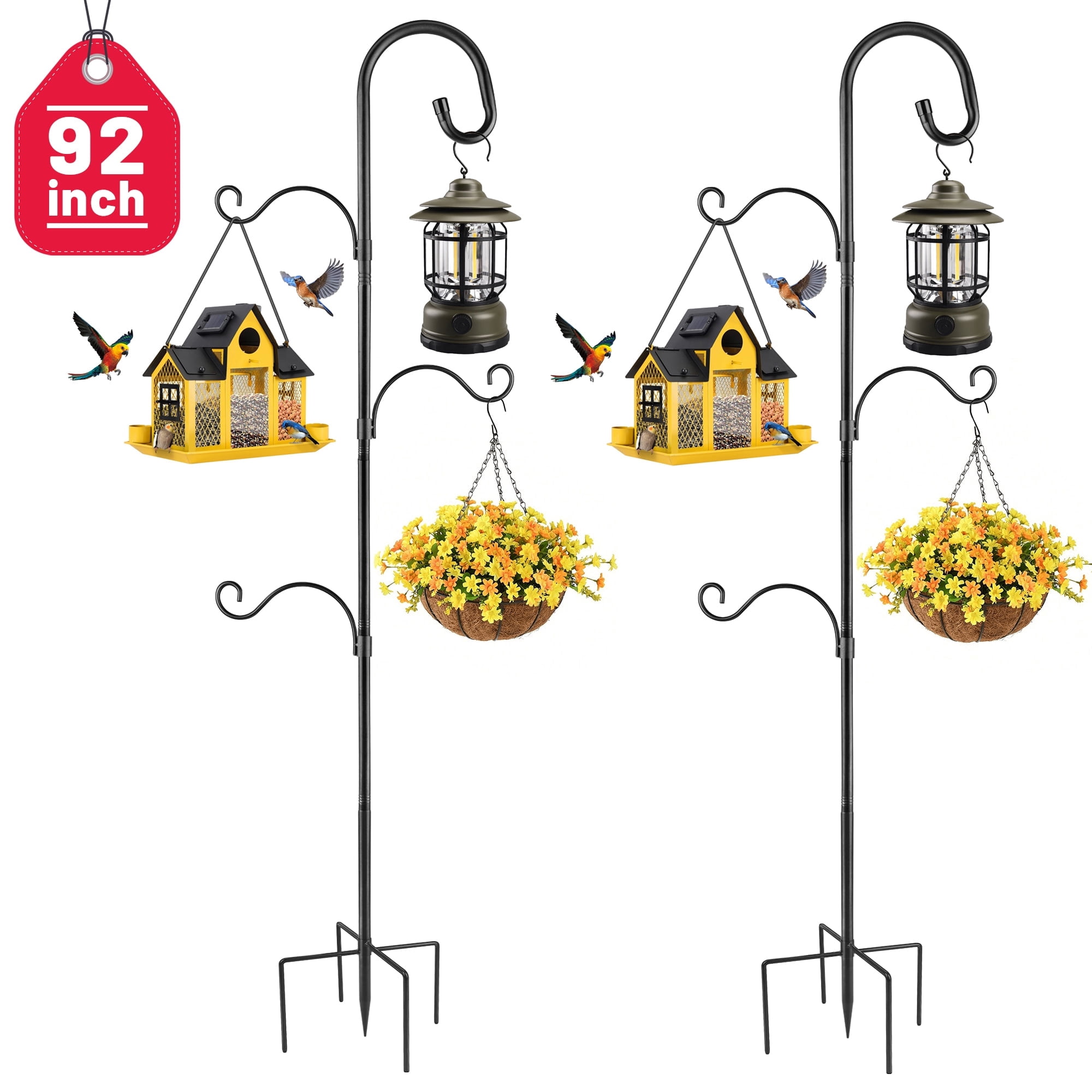 Shepherds Hooks for Outdoor, 92 Inch Heavy Duty Bird Feeder Pole, Garden Pole for Hanging Plants, Lantern, Hummingbird Feeder, Hanging Plant Stand with 5 Base Prongs (2 PACK)