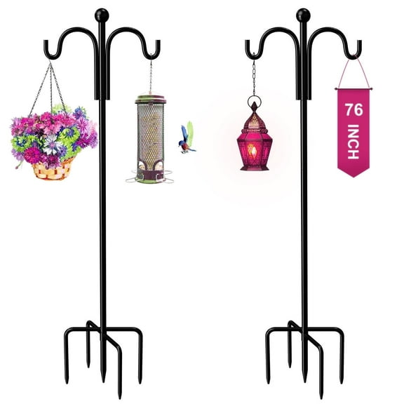 Shepherds Hooks for Outdoor, 76" Double Bird Feeder Poles, Outdoor Plant Hanger Hooks for Bird Feeder, (2 Pack)