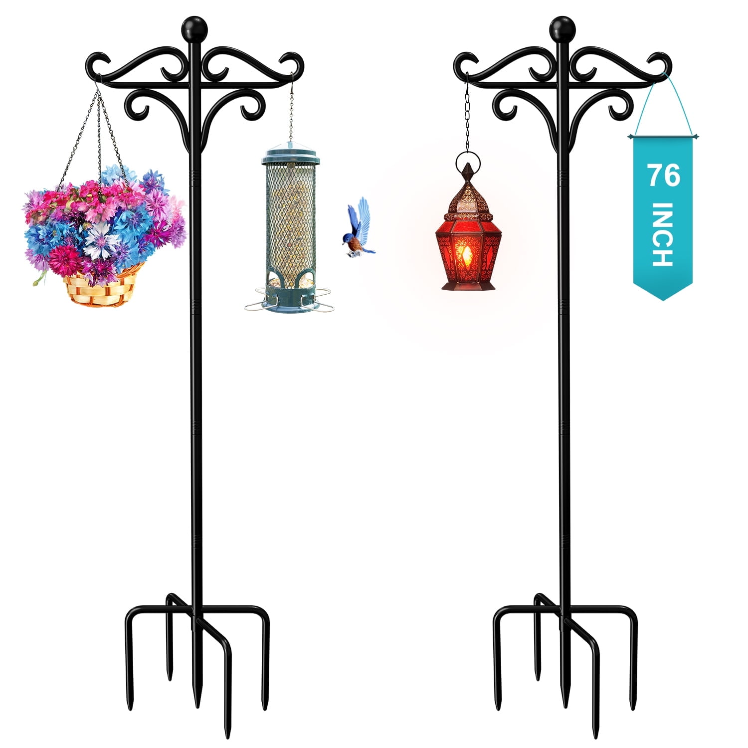 Shepherds Hooks for Outdoor, 76in Double Bird Feeder Poles with 5 Prongs (2 Pack)